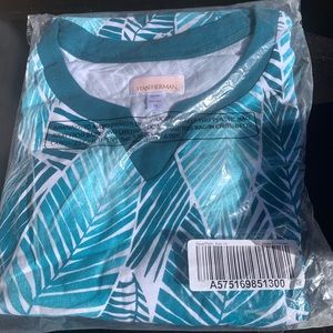 Stan Herman The Hamptons 100% Cotton V-Neck Caftan Aqua/Palm, Petite X-Large